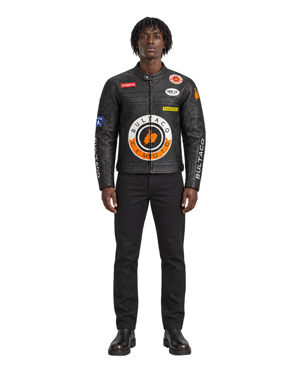 Customized Motorcycle Leather Jacket - ZMJ-032 front view on male model transparent background, centered cutout