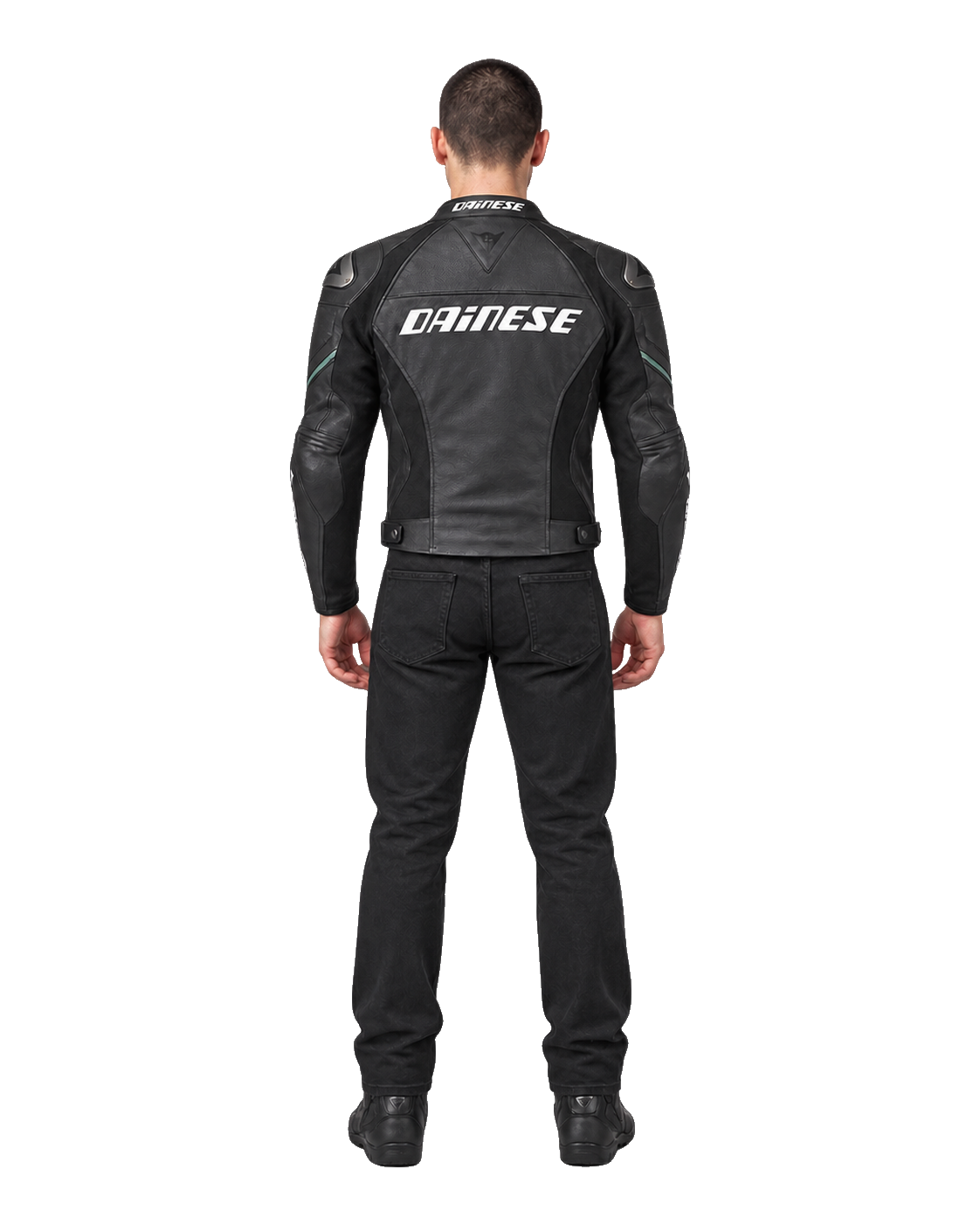 Customized Motorcycle Leather Jacket - ZMJ-033 back view on male model transparent background, centered cutout