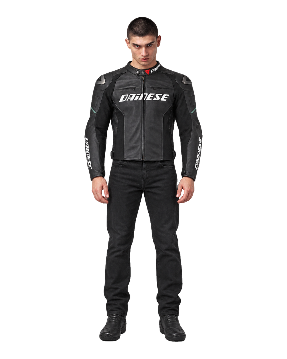 Customized Motorcycle Leather Jacket - ZMJ-033 front view on male model transparent background, centered cutout