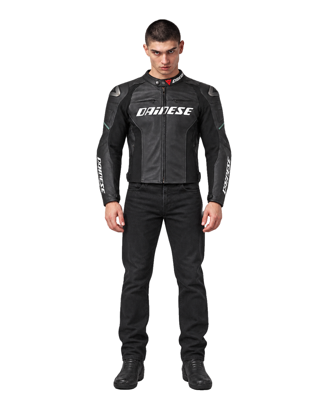 Customized Motorcycle Leather Jacket - ZMJ-033 front view on male model transparent background, centered cutout
