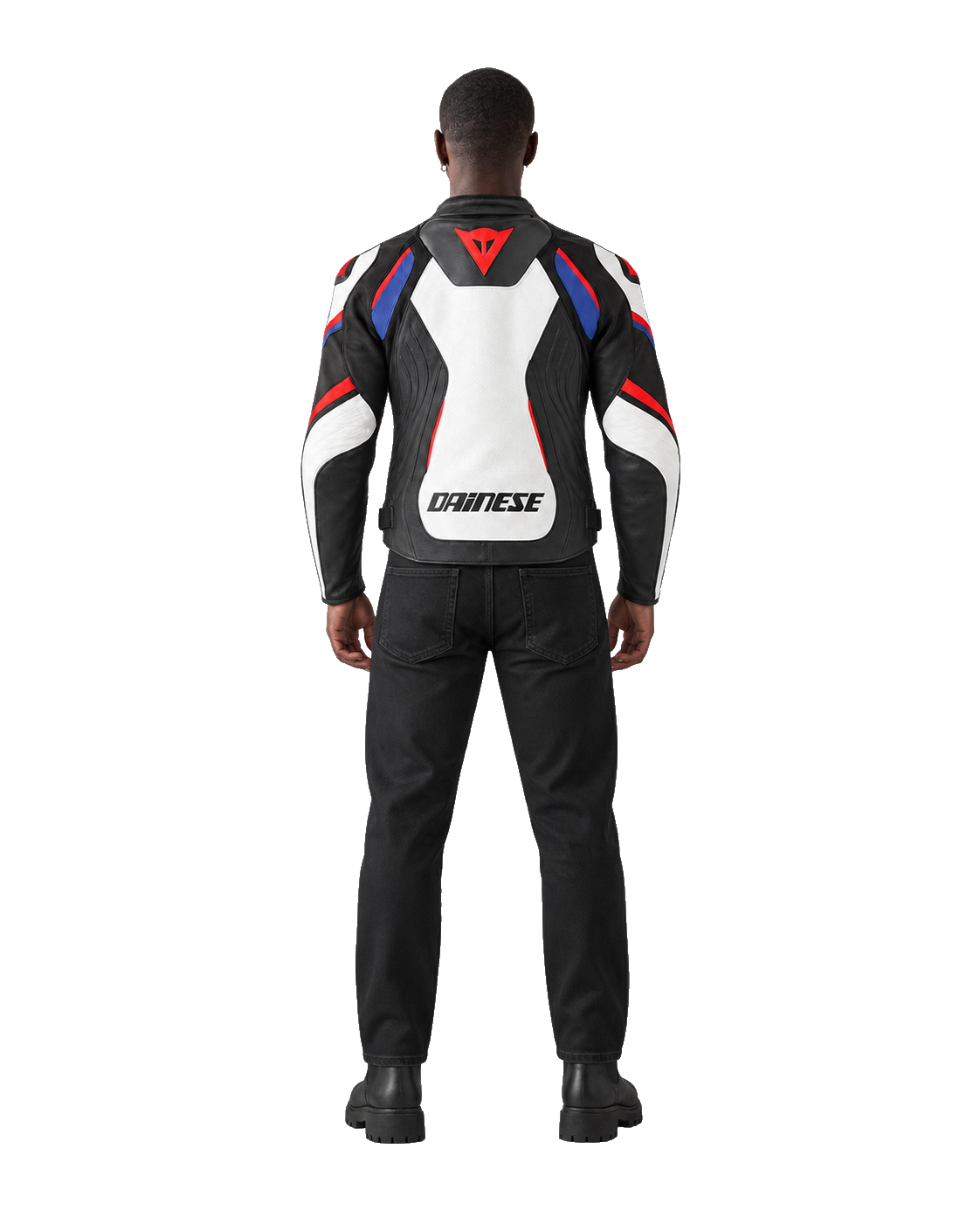 Customized Motorcycle Leather Jacket - ZMJ-034 back view on male model against transparent background with clean under-sleeve gaps