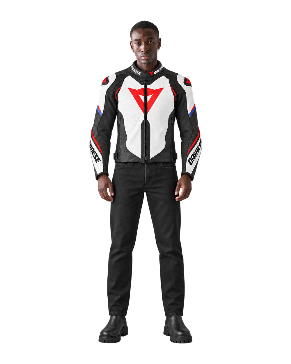 Customized Motorcycle Leather Jacket - ZMJ-034 front view on male model against transparent background with clean under-sleeve gaps