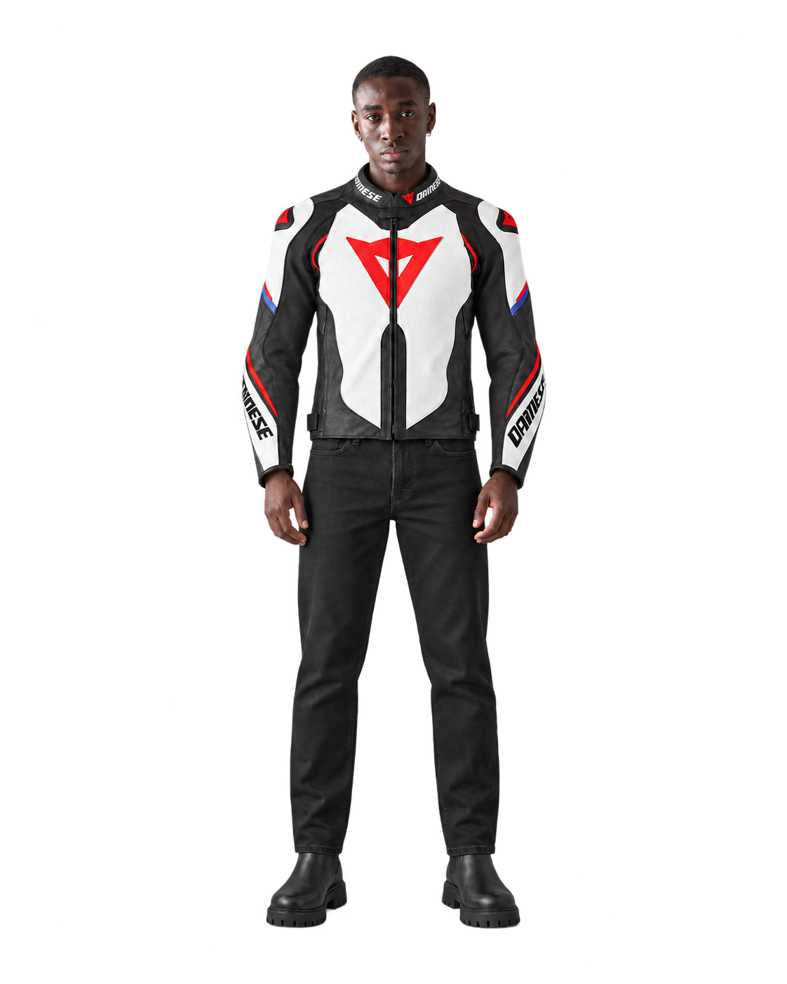 Customized Motorcycle Leather Jacket - ZMJ-034 front view on male model against transparent background with clean under-sleeve gaps