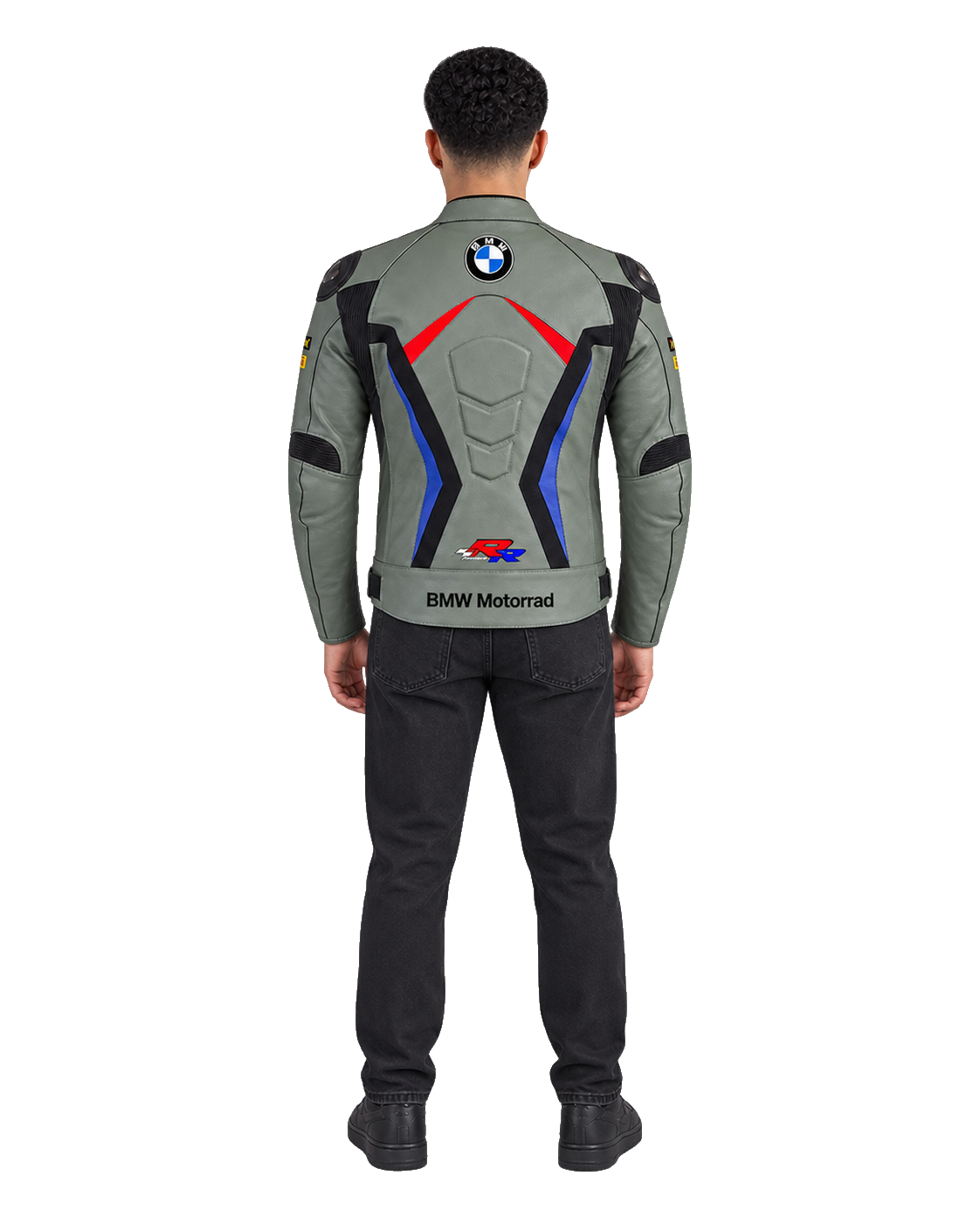 Customized Motorcycle Leather Jacket - ZMJ-035 back view on male model against transparent background with clean under-sleeve gaps