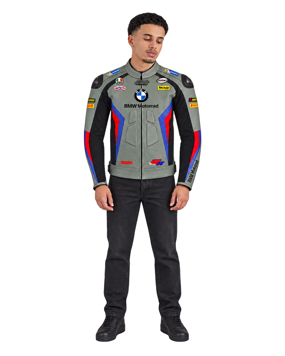 Customized Motorcycle Leather Jacket - ZMJ-035 front view on male model against transparent background with clean under-sleeve gaps