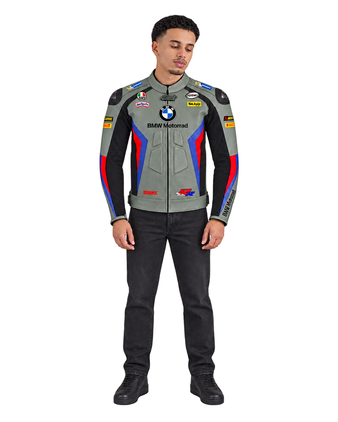 Customized Motorcycle Leather Jacket - ZMJ-035 front view on male model against transparent background with clean under-sleeve gaps