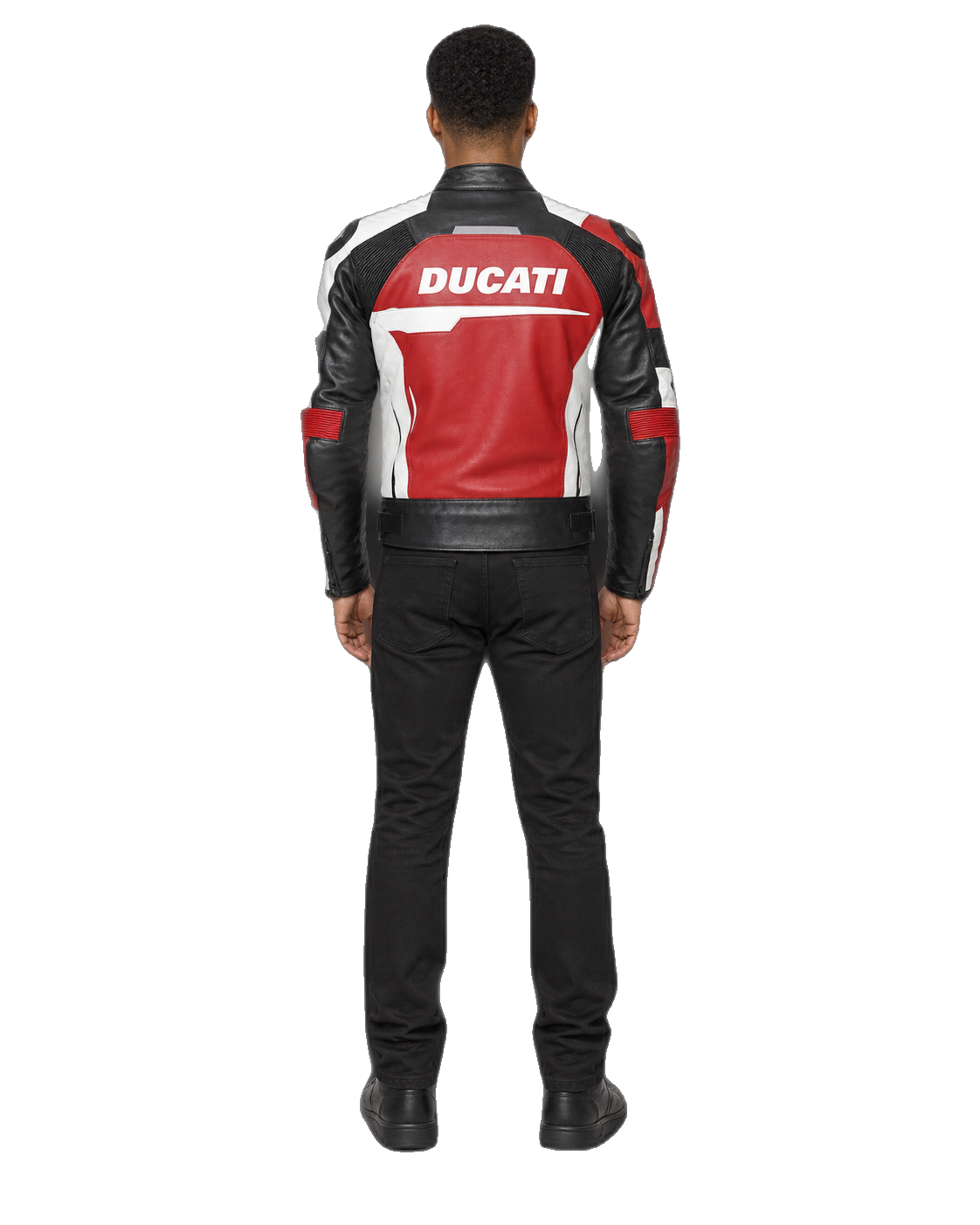 Customized Motorcycle Leather Jacket - ZMJ-037 back view on male model against transparent background with clean under-sleeve gaps