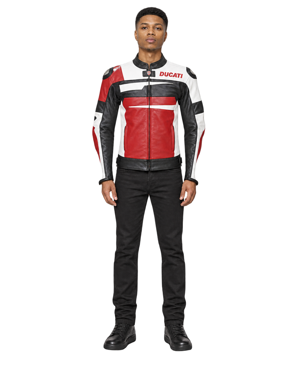Customized Motorcycle Leather Jacket - ZMJ-037 front view on male model against transparent background with clean under-sleeve gaps