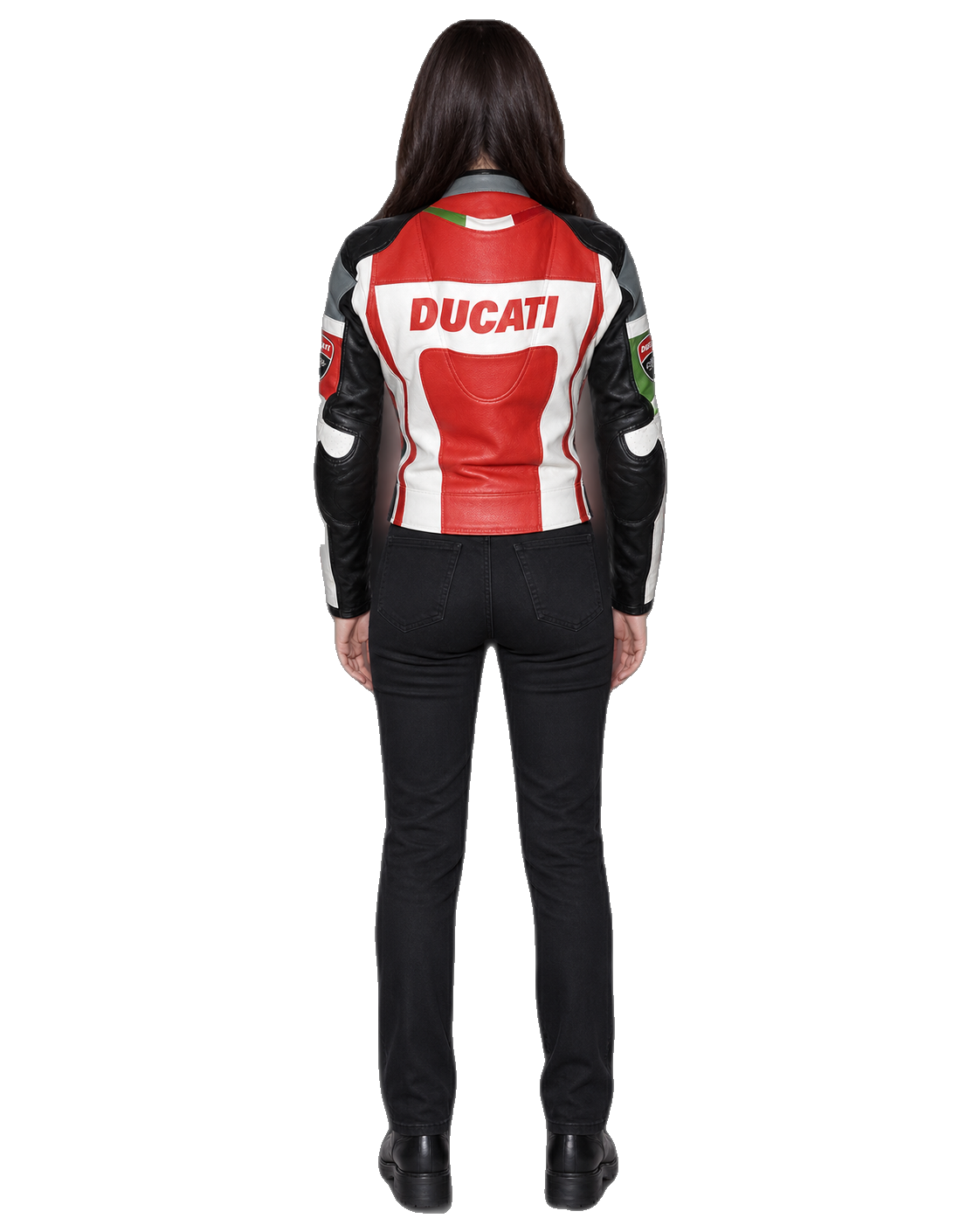 Customized Motorcycle Leather Jacket - ZMJ-038 back view on male model against transparent background with clean under-sleeve gaps