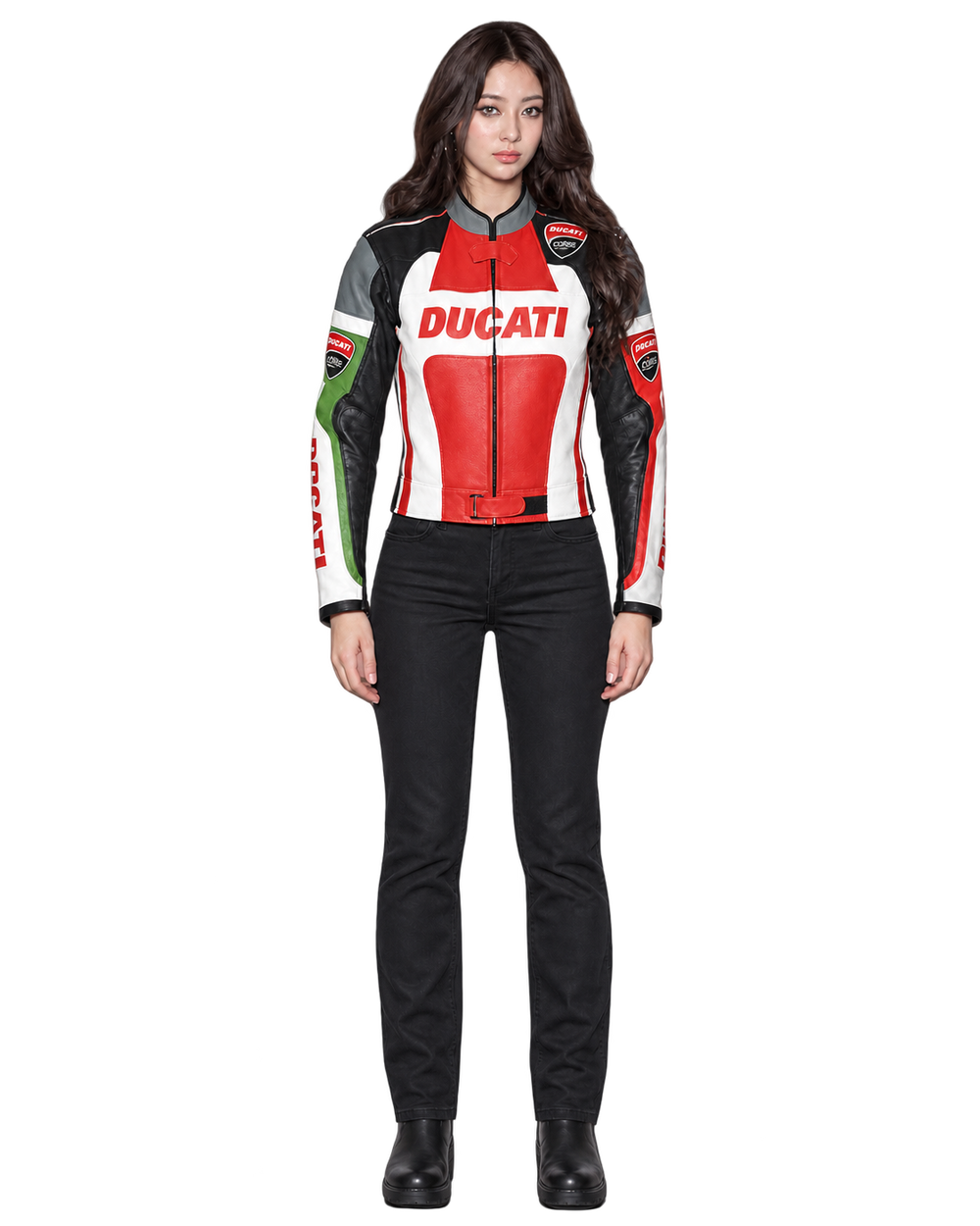 Customized Motorcycle Leather Jacket - ZMJ-038 front view on male model against transparent background with clean under-sleeve gaps