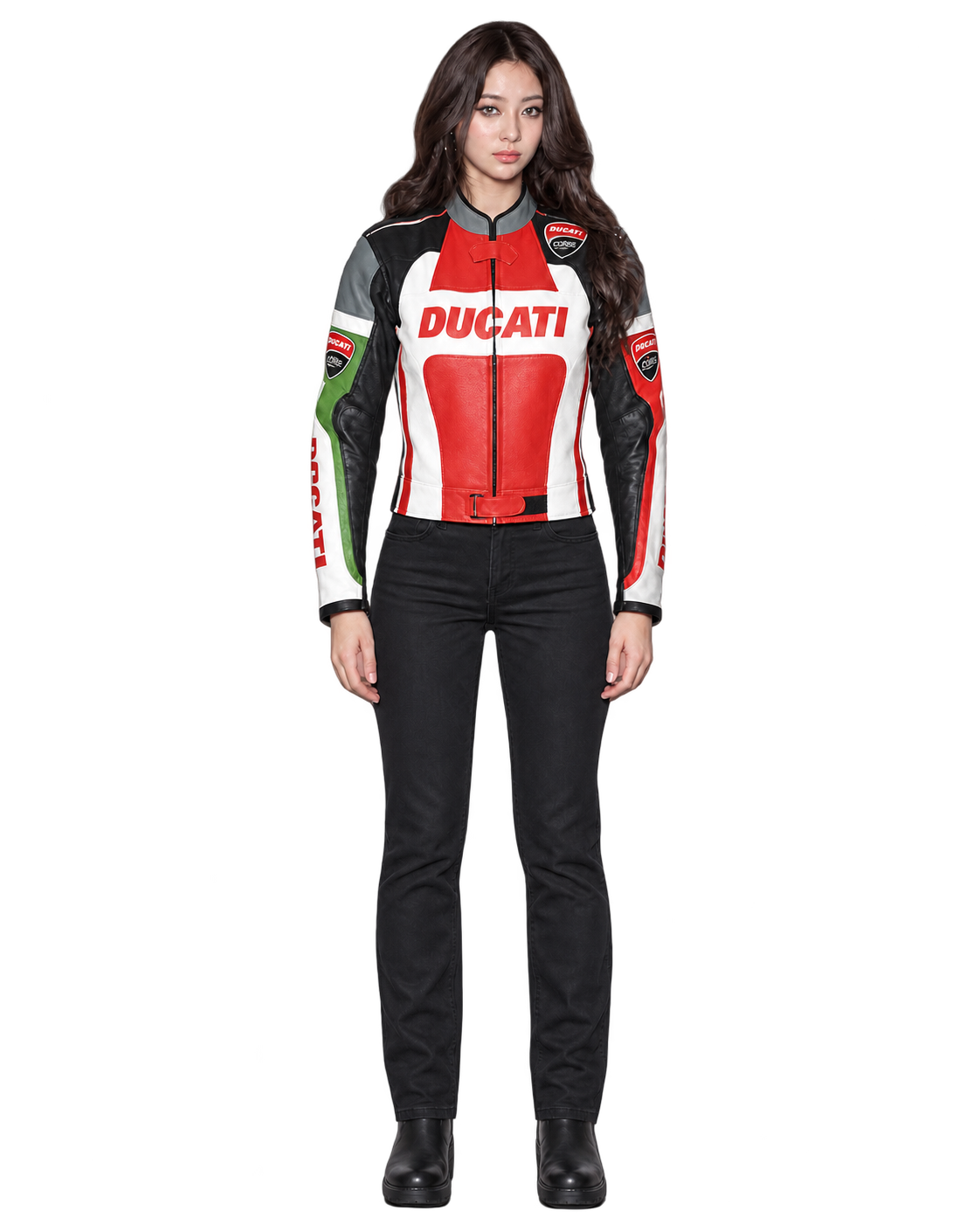 Customized Motorcycle Leather Jacket - ZMJ-038 front view on male model against transparent background with clean under-sleeve gaps