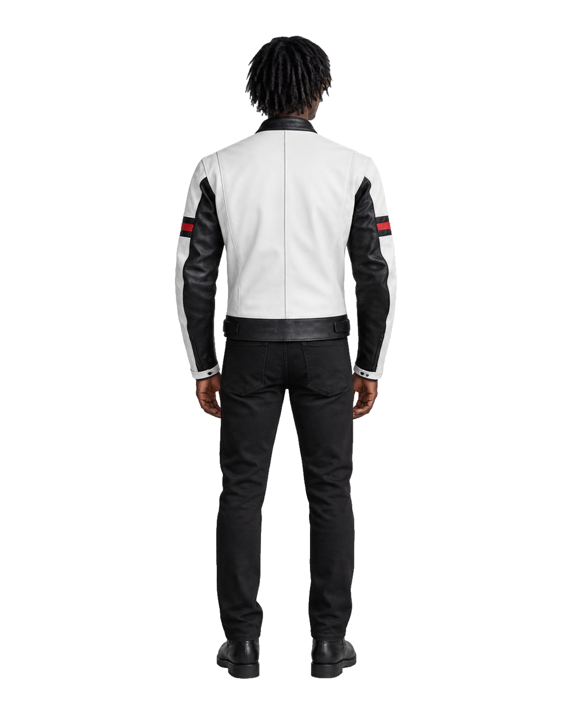 Customized Motorcycle Leather Jacket - ZMJ-039 back view on male model against transparent background with clean under-sleeve gaps