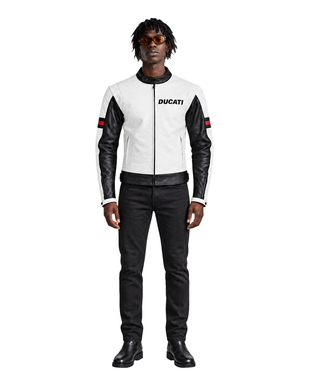 Customized Motorcycle Leather Jacket - ZMJ-039 front view on male model against transparent background with clean under-sleeve gaps