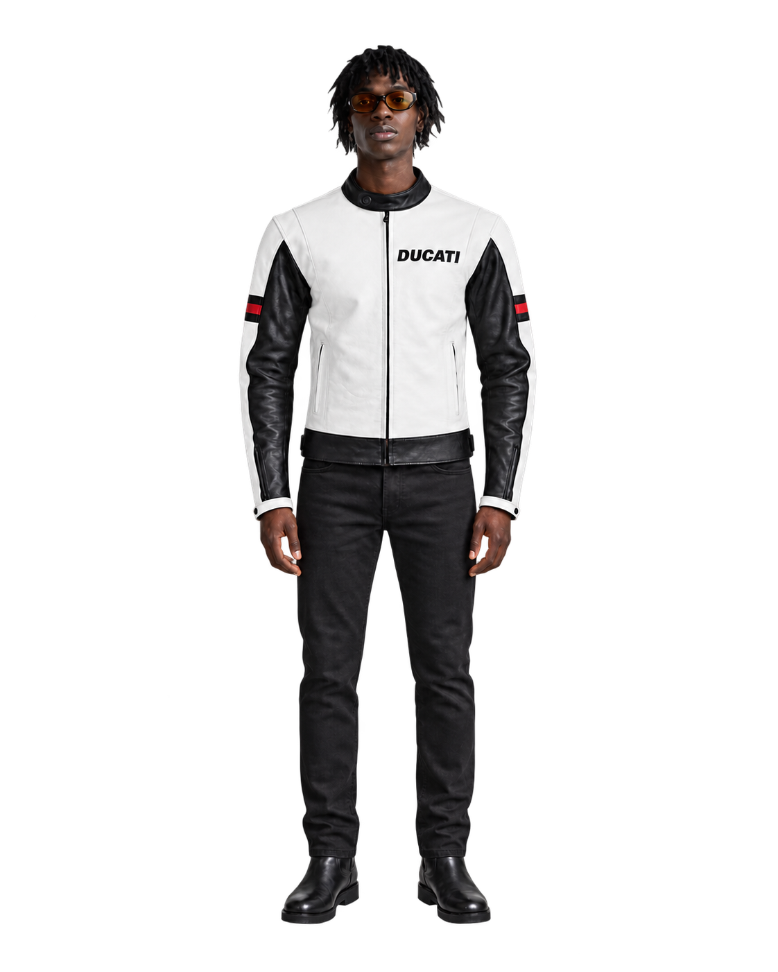 Customized Motorcycle Leather Jacket - ZMJ-039 front view on male model against transparent background with clean under-sleeve gaps