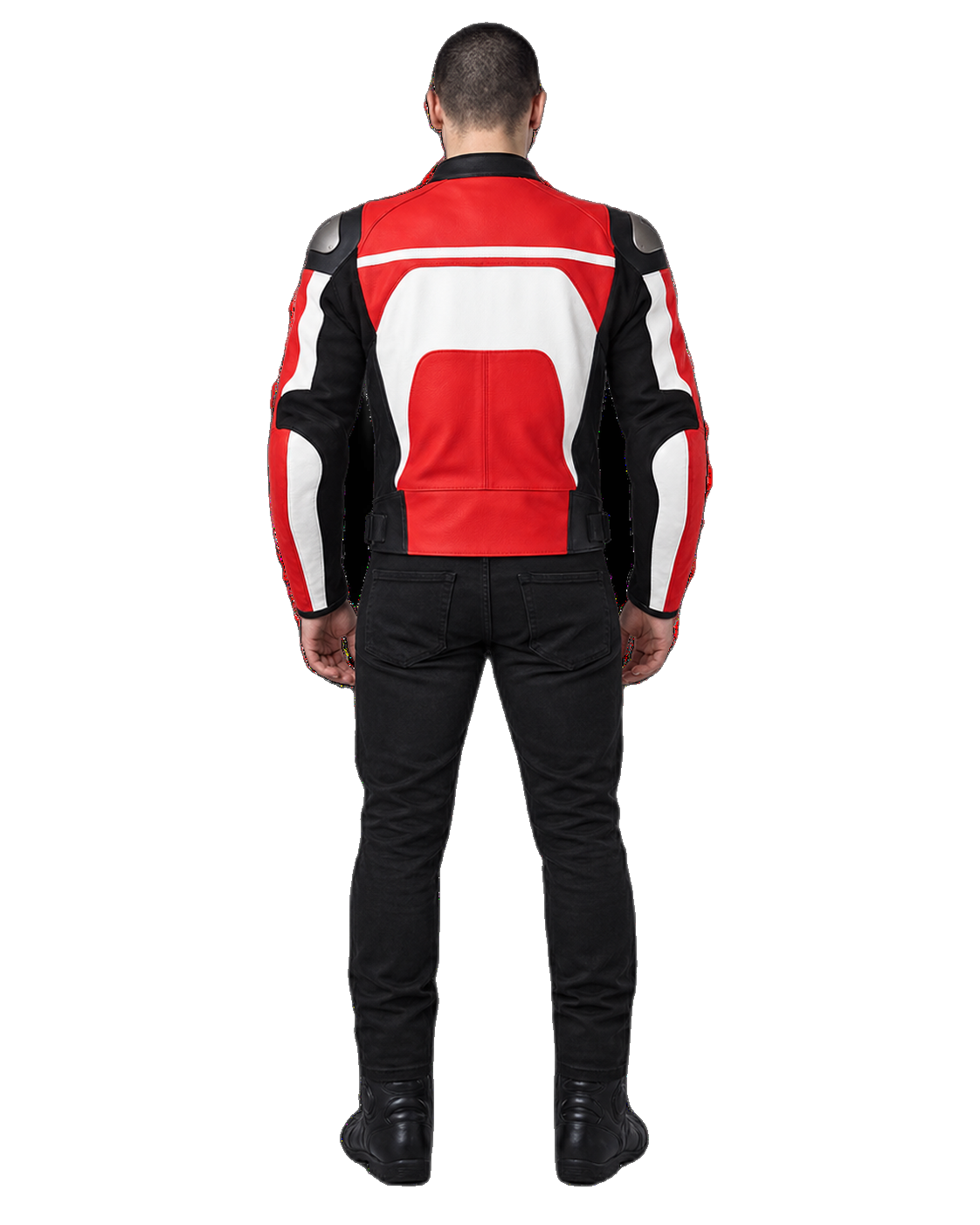 Customized Motorcycle Leather Jacket - ZMJ-040 back view on male model against transparent background with clean under-sleeve gaps