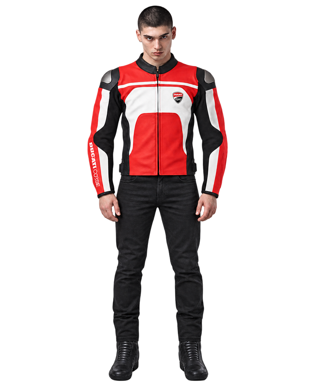 Customized Motorcycle Leather Jacket - ZMJ-040 front view on male model against transparent background with clean under-sleeve gaps