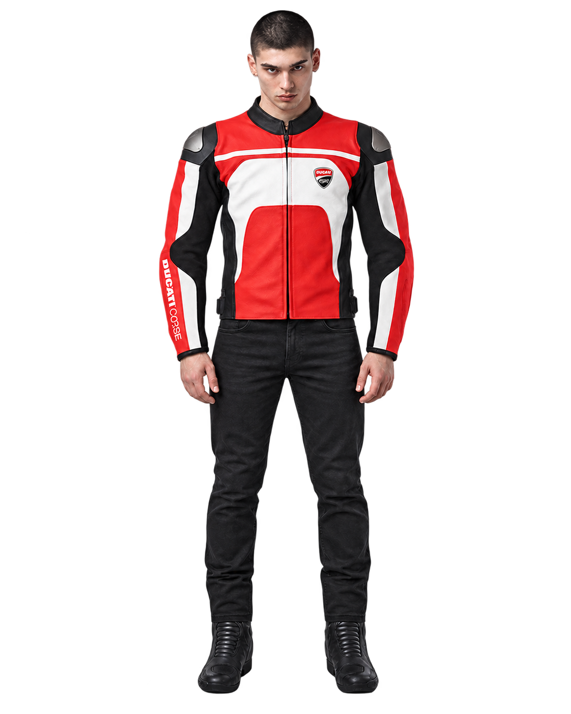 Customized Motorcycle Leather Jacket - ZMJ-040 front view on male model against transparent background with clean under-sleeve gaps