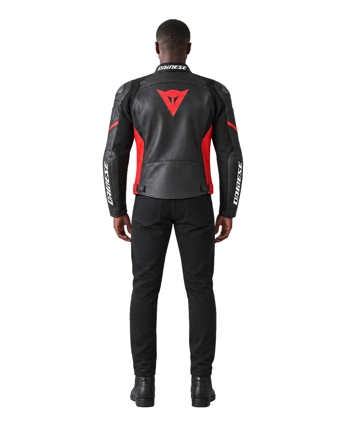 Customized Motorcycle Leather Jacket - ZMJ-041 back view on male model against transparent background with clean under-sleeve gaps