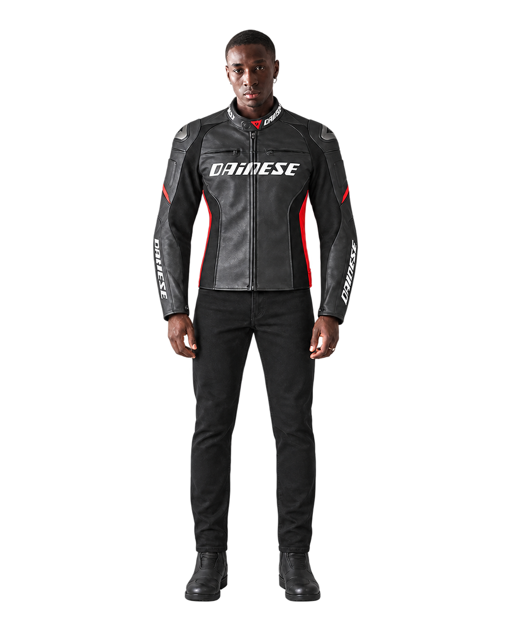 Customized Motorcycle Leather Jacket - ZMJ-041 front view on male model against transparent background with clean under-sleeve gaps