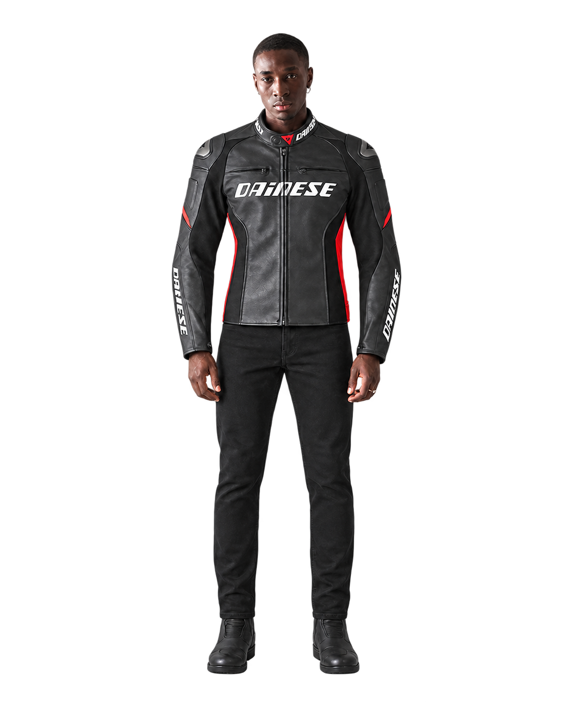 Customized Motorcycle Leather Jacket - ZMJ-041 front view on male model against transparent background with clean under-sleeve gaps