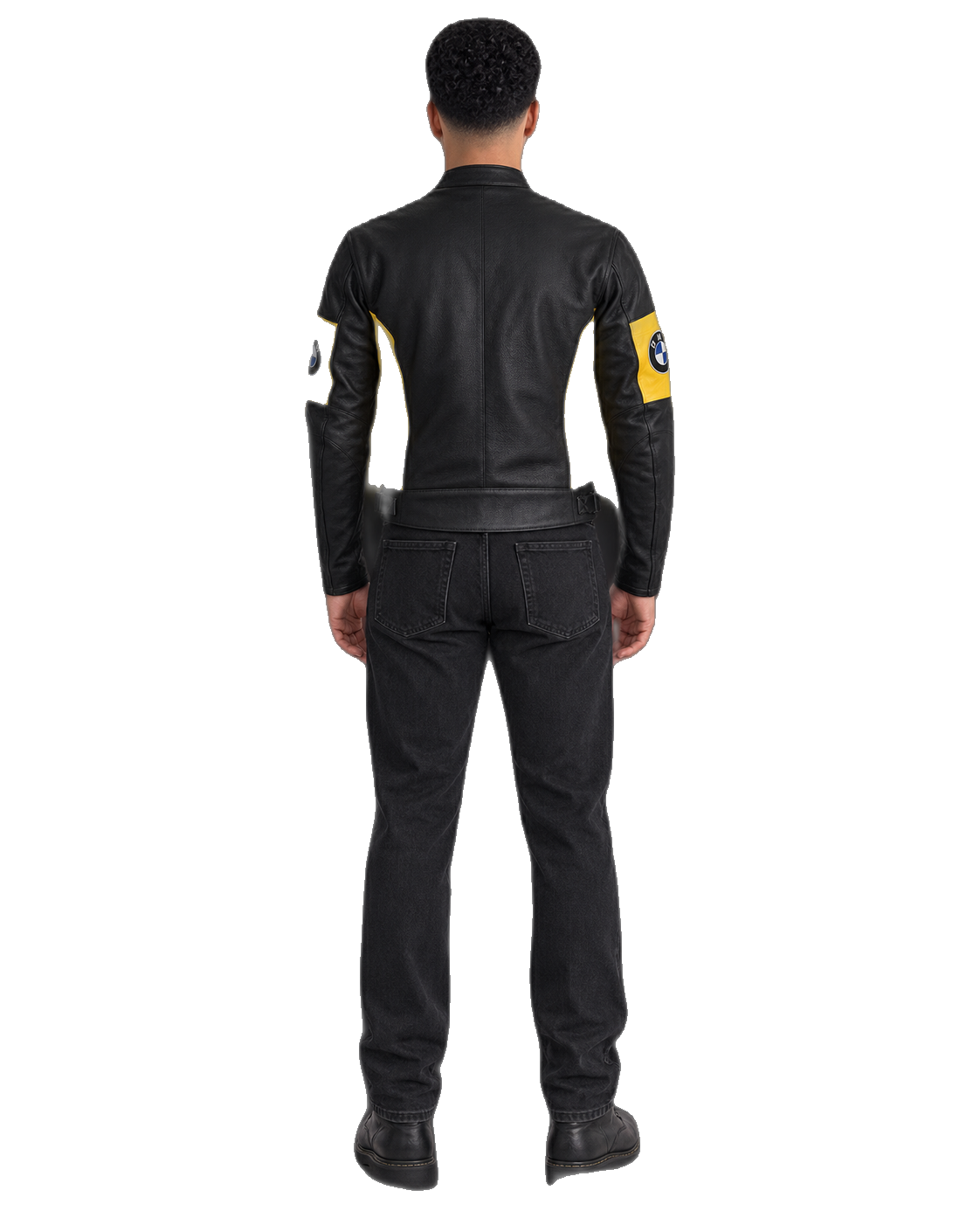 Customized Motorcycle Leather Jacket - ZMJ-042 back view on male model against transparent background with clean under-sleeve gaps