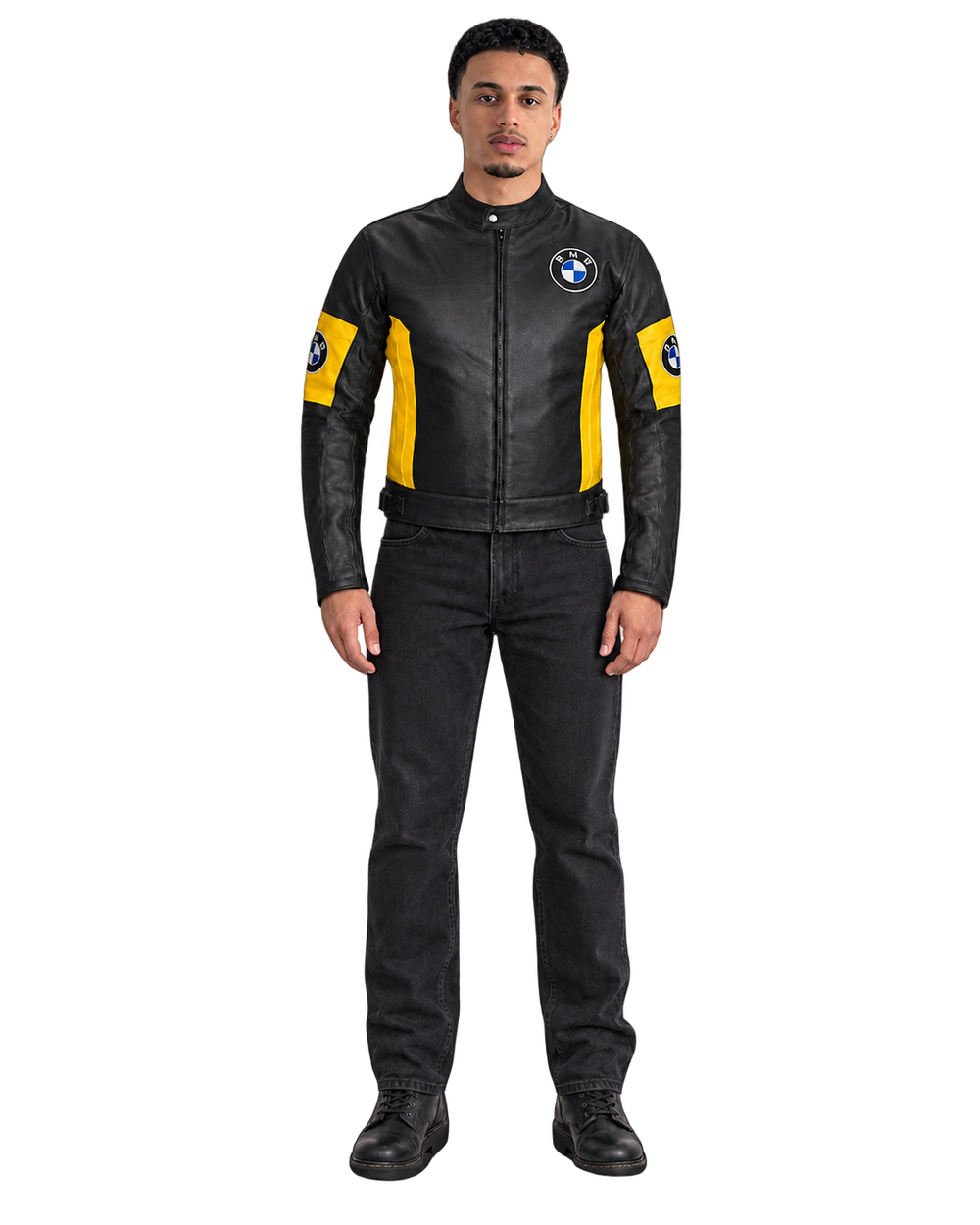 Customized Motorcycle Leather Jacket - ZMJ-042 front view on male model against transparent background with clean under-sleeve gaps