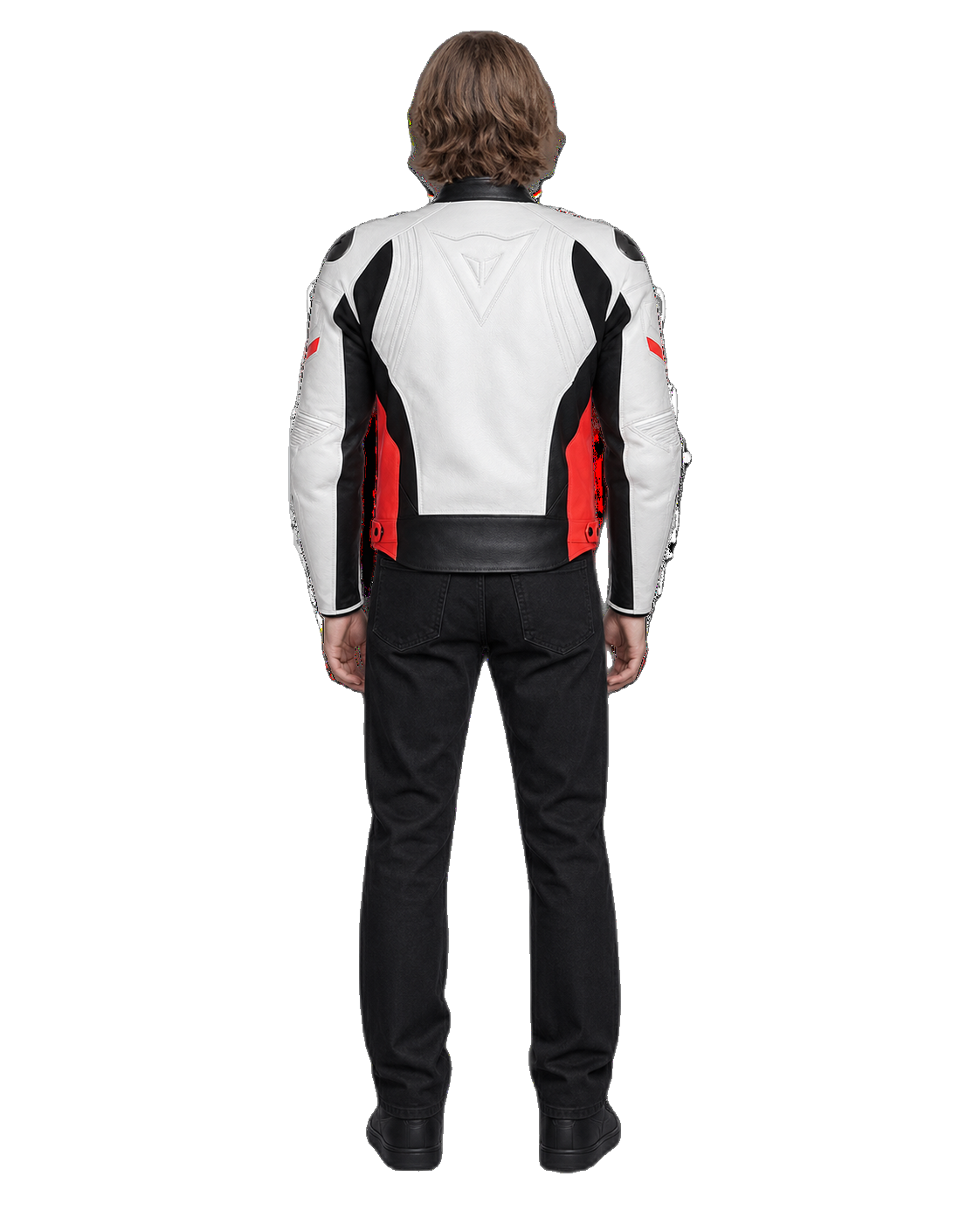 Customized Motorcycle Leather Jacket - ZMJ-043 back view on male model against transparent background with clean under-sleeve gaps
