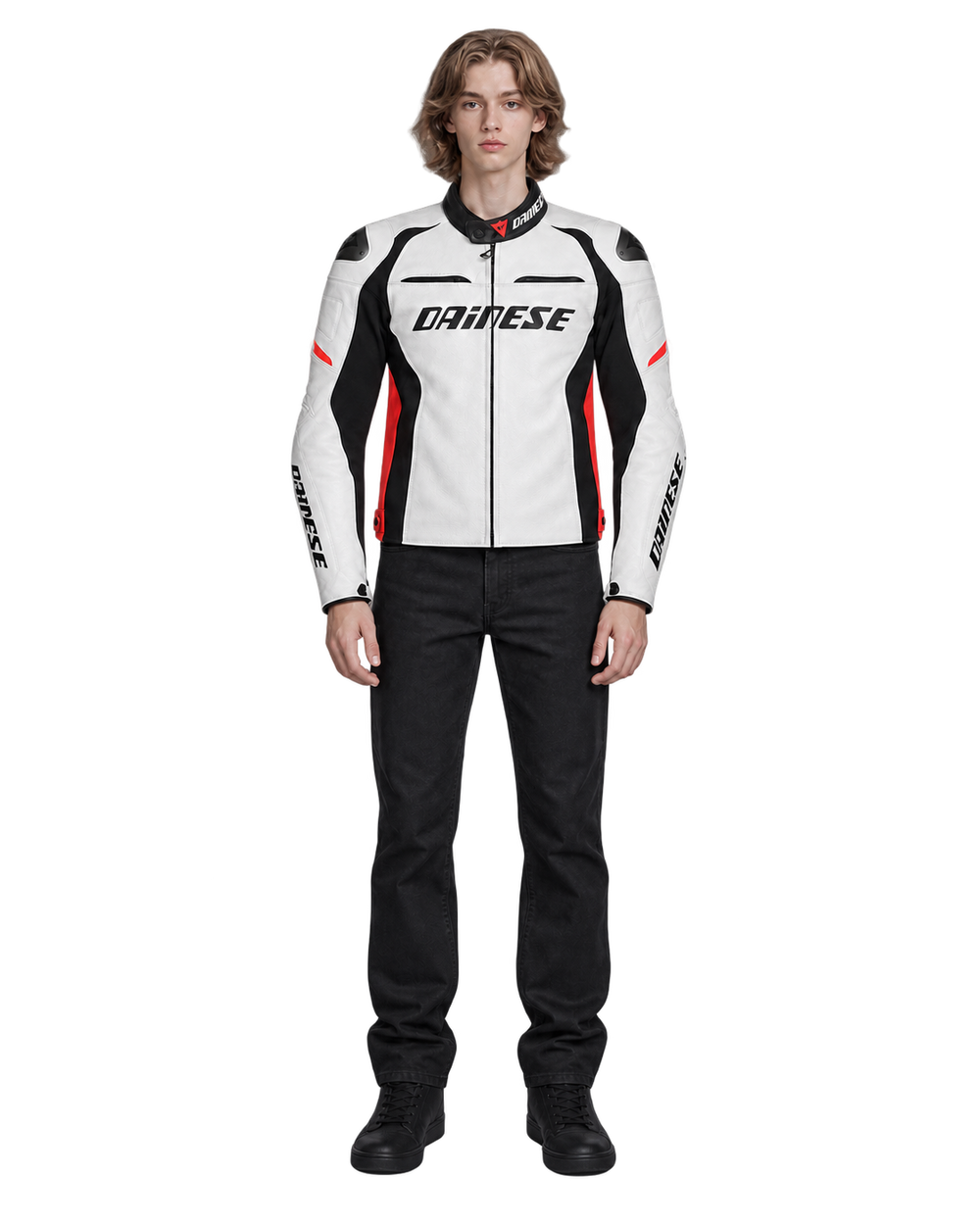 Customized Motorcycle Leather Jacket - ZMJ-043 front view on male model against transparent background with clean under-sleeve gaps