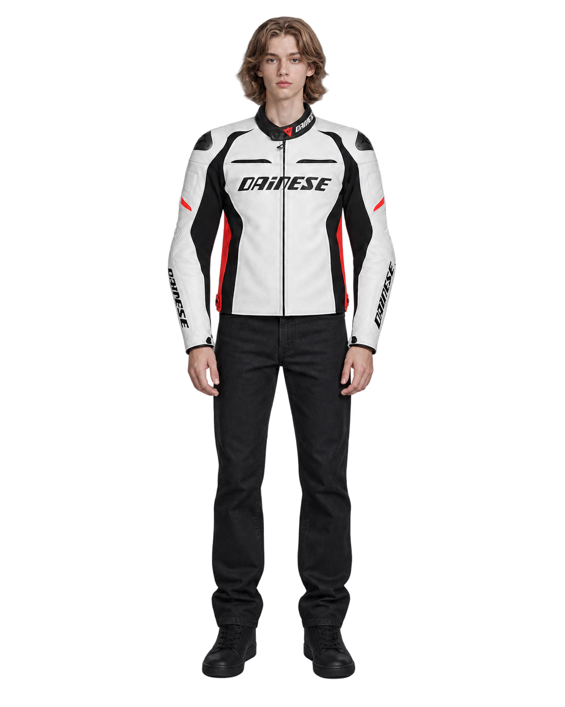 Customized Motorcycle Leather Jacket - ZMJ-043 front view on male model against transparent background with clean under-sleeve gaps