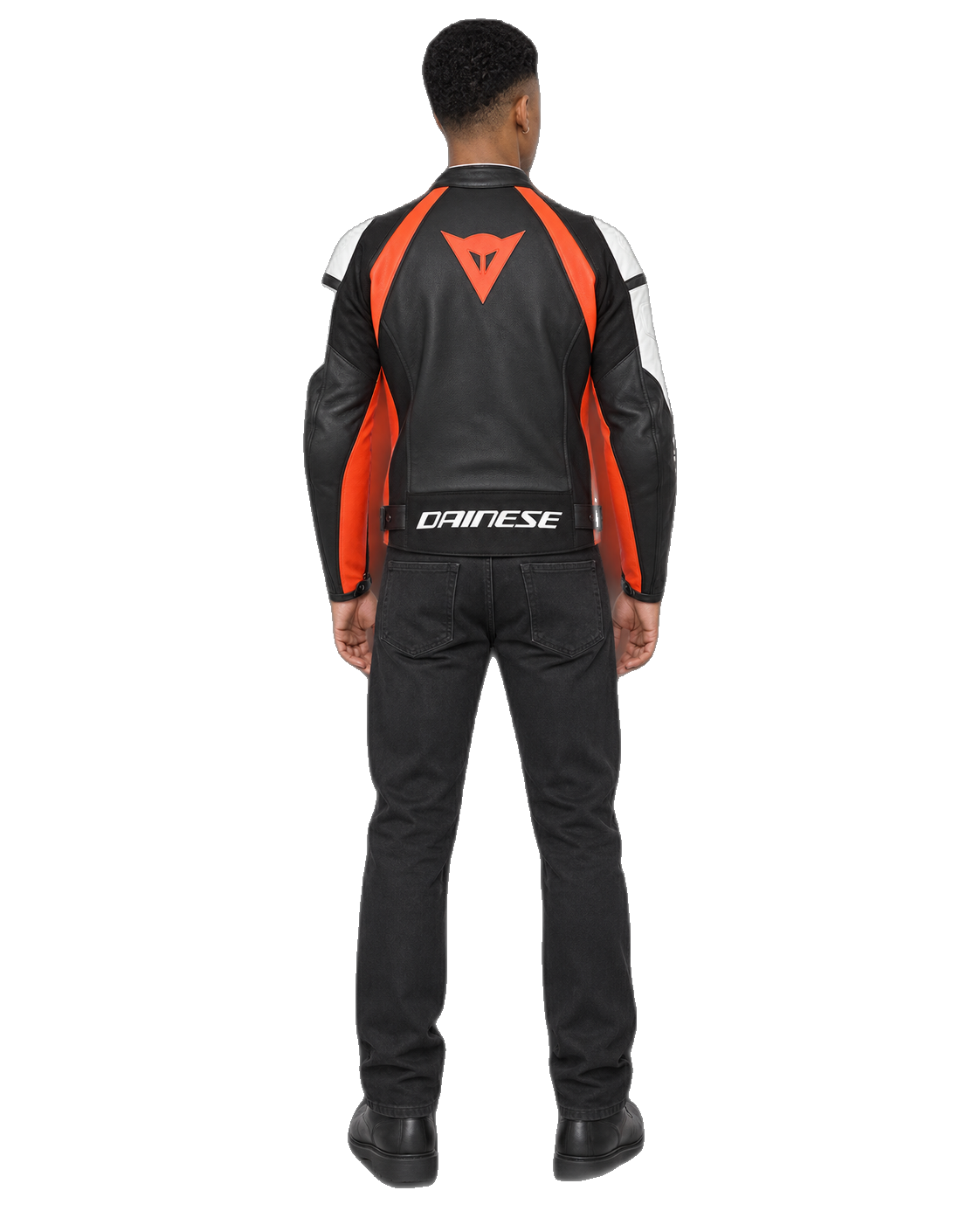 Customized Motorcycle Leather Jacket - ZMJ-044 back view on male model against transparent background with clean under-sleeve gaps