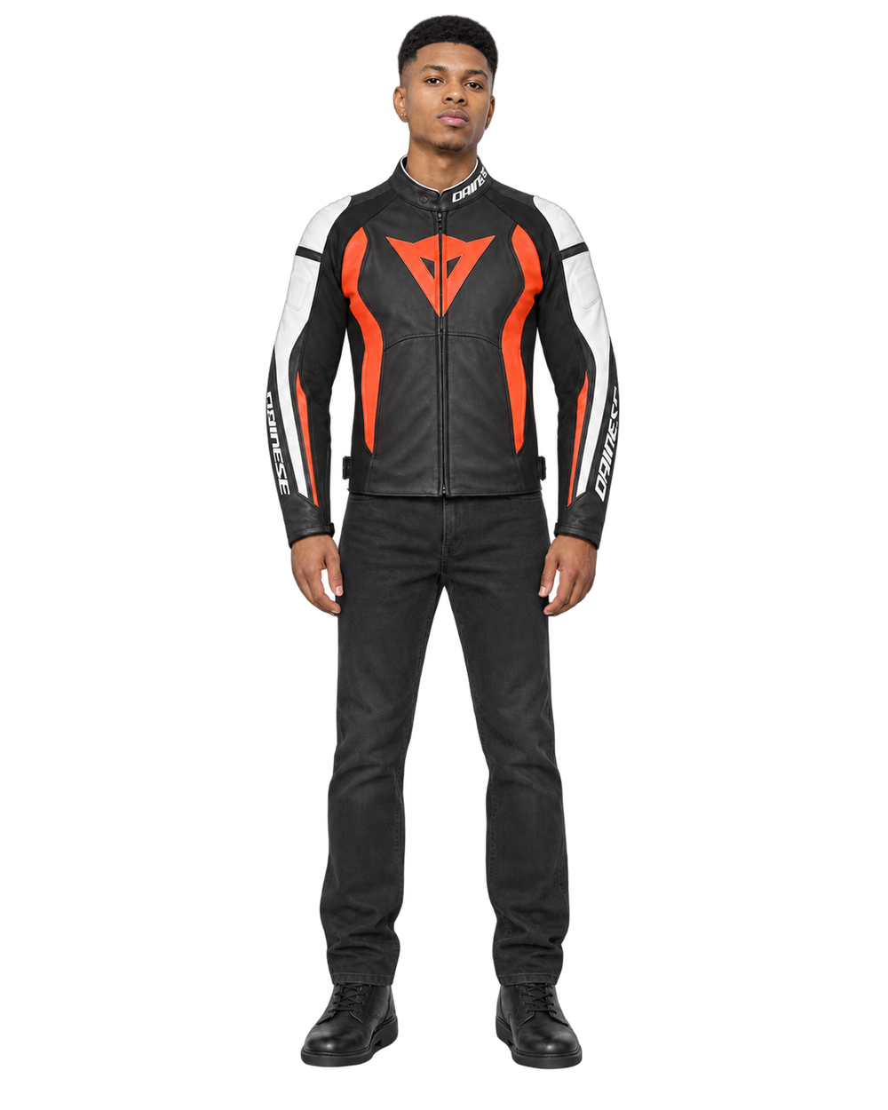 Customized Motorcycle Leather Jacket - ZMJ-044 front view on male model against transparent background with clean under-sleeve gaps