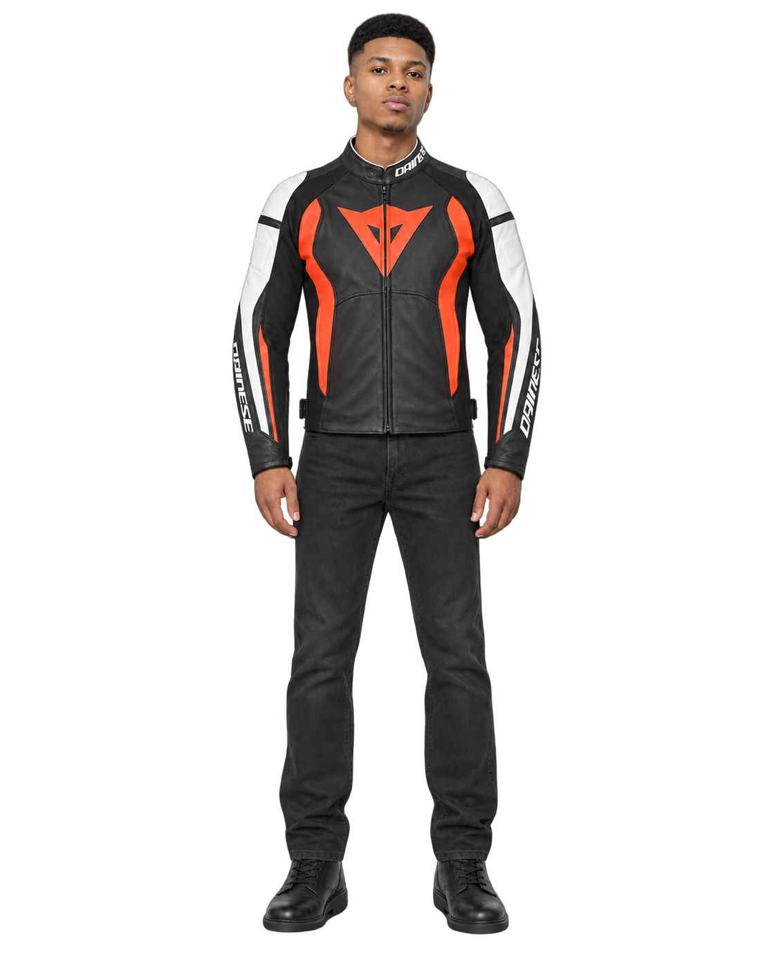 Customized Motorcycle Leather Jacket - ZMJ-044 front view on male model against transparent background with clean under-sleeve gaps
