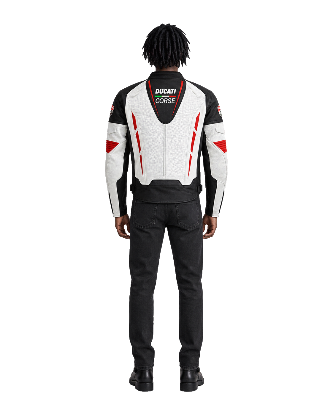 Customized Motorcycle Leather Jacket - ZMJ-046 back view on male model against transparent background with clean under-sleeve gaps