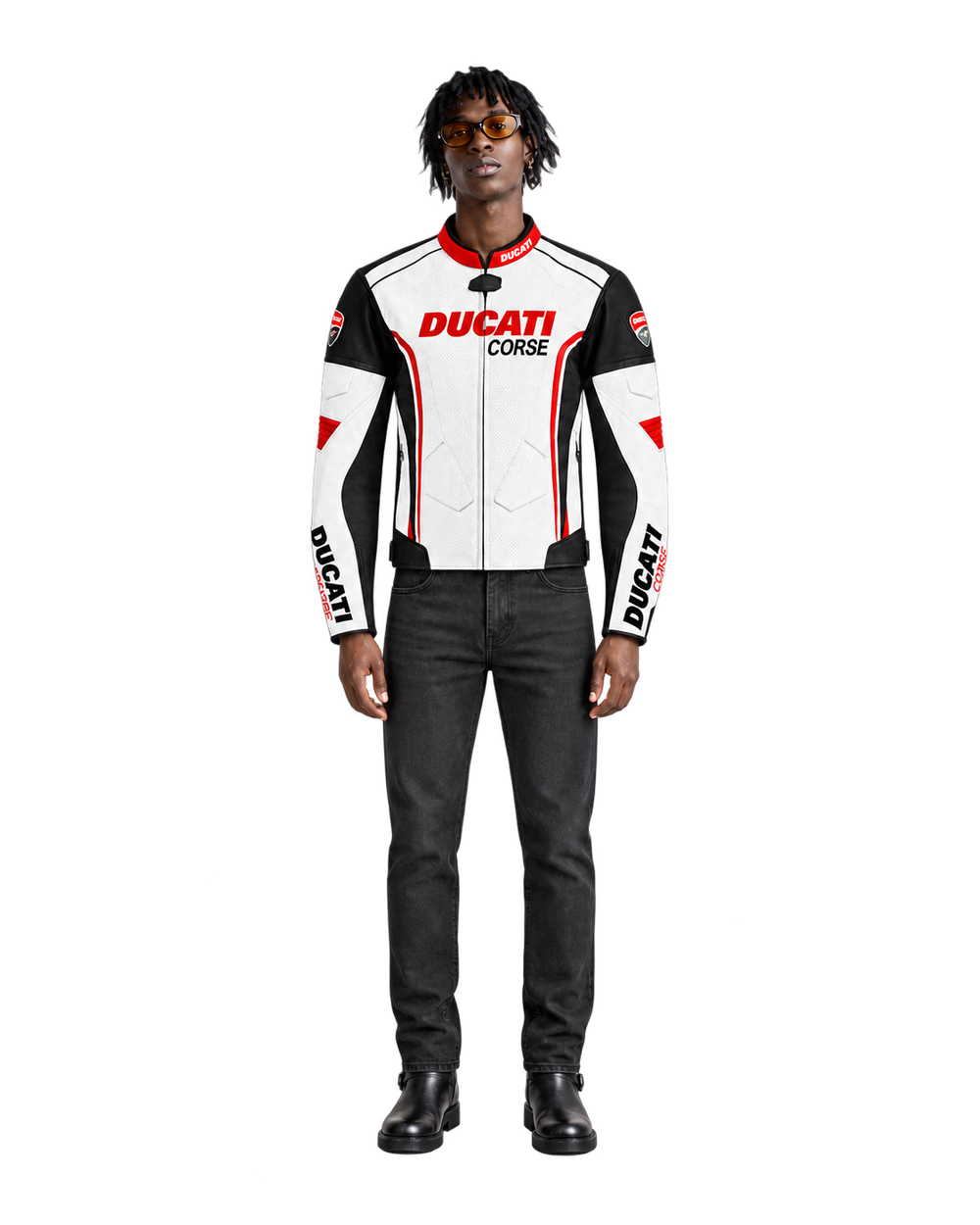 Customized Motorcycle Leather Jacket - ZMJ-046 front view on male model against transparent background with clean under-sleeve gaps
