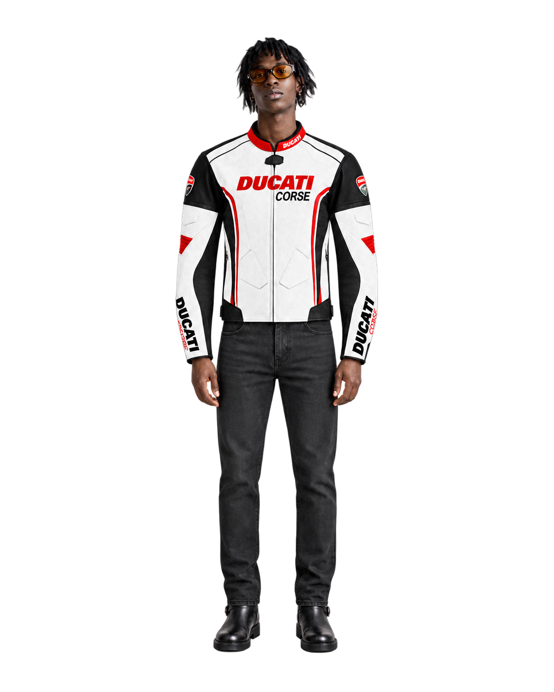 Customized Motorcycle Leather Jacket - ZMJ-046 front view on male model against transparent background with clean under-sleeve gaps