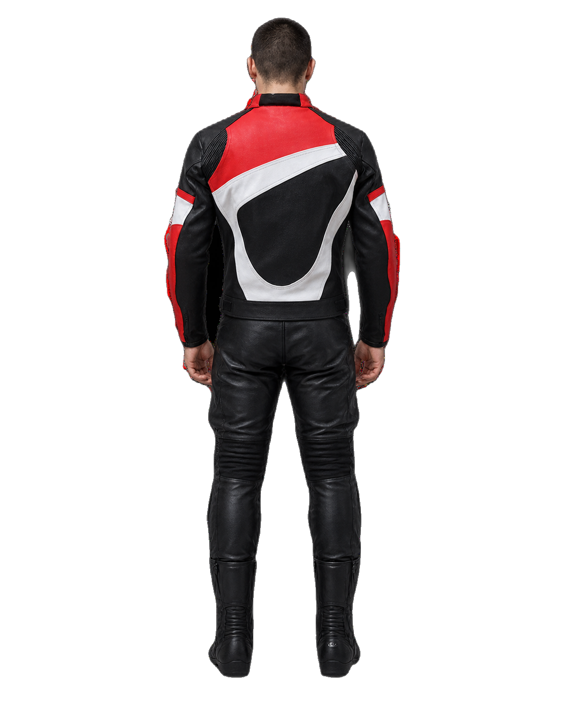 Customized Motorcycle Leather Jacket - ZMJ-047 back view on male model transparent background, centered cutout