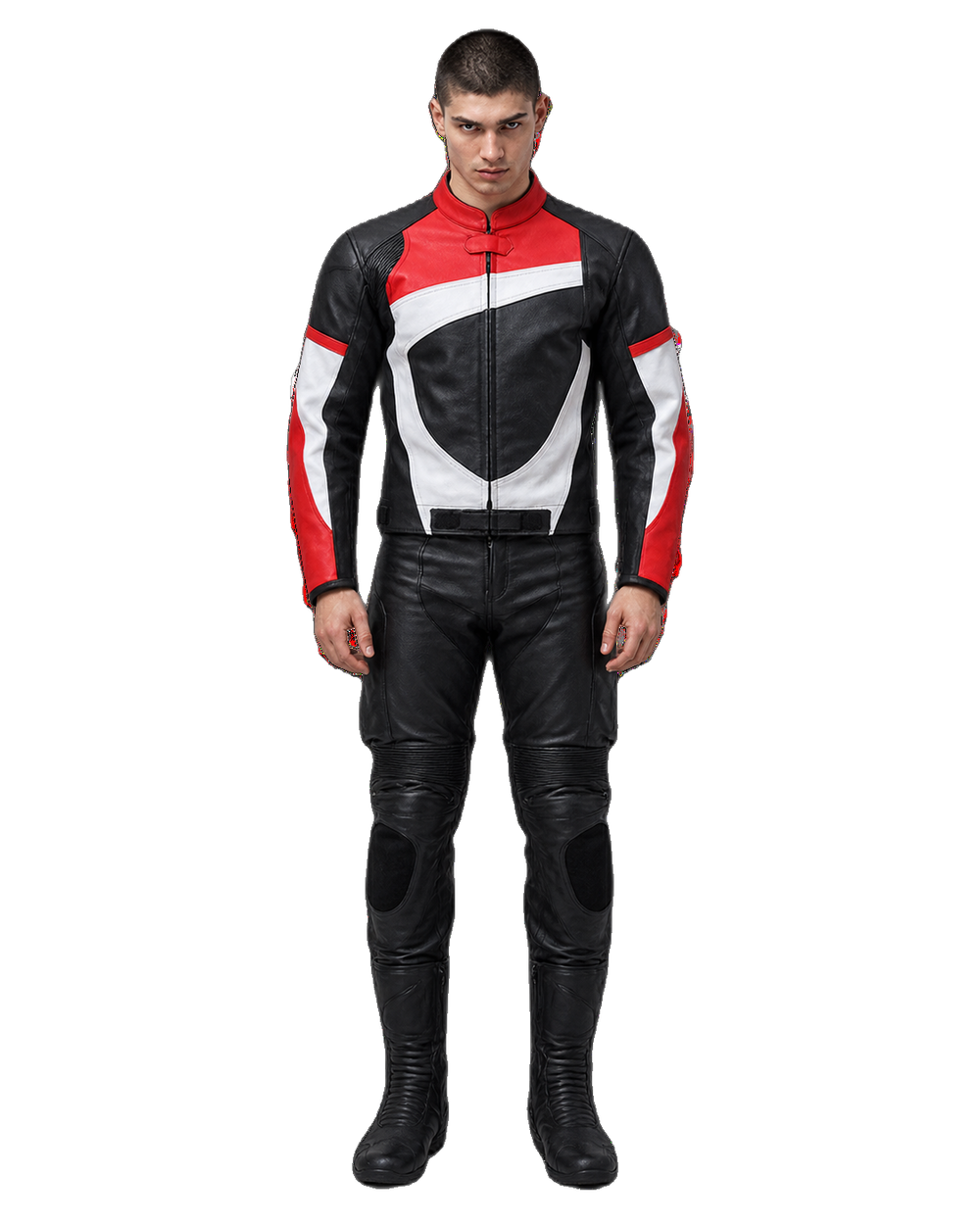 Customized Motorcycle Leather Jacket - ZMJ-047 front view on male model transparent background, centered cutout
