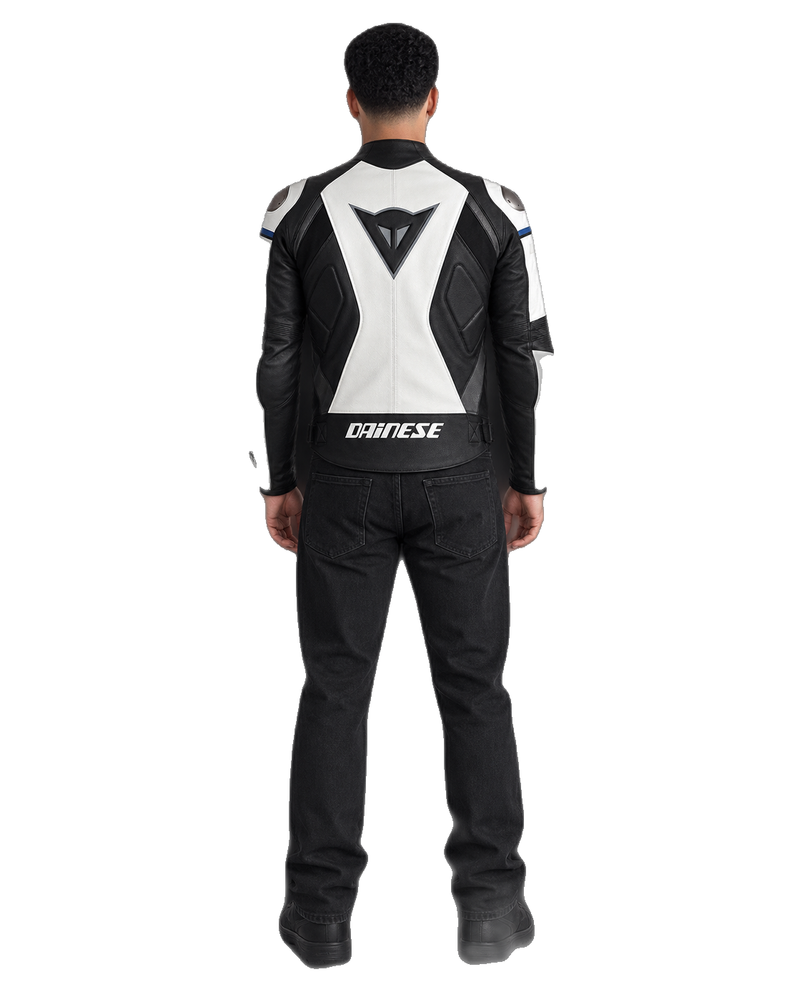 Customized Motorcycle Leather Jacket - ZMJ-049 back view on male model transparent background, centered cutout