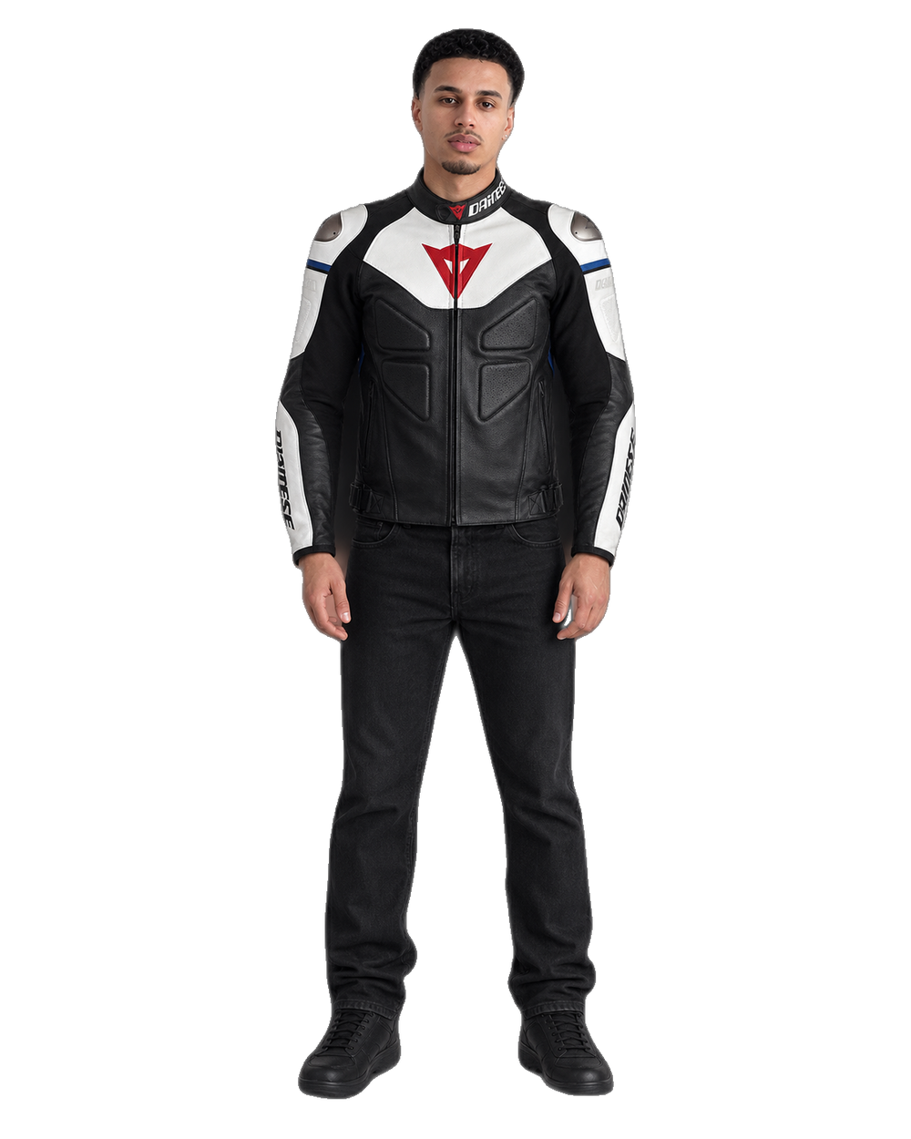 Customized Motorcycle Leather Jacket - ZMJ-049 front view on male model transparent background, centered cutout