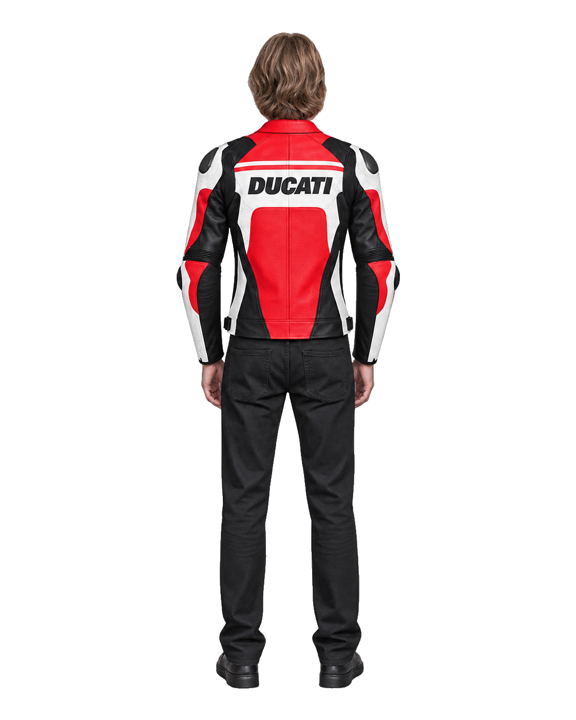 Customized Motorcycle Leather Jacket - ZMJ-050 back view on male model transparent background, centered cutout
