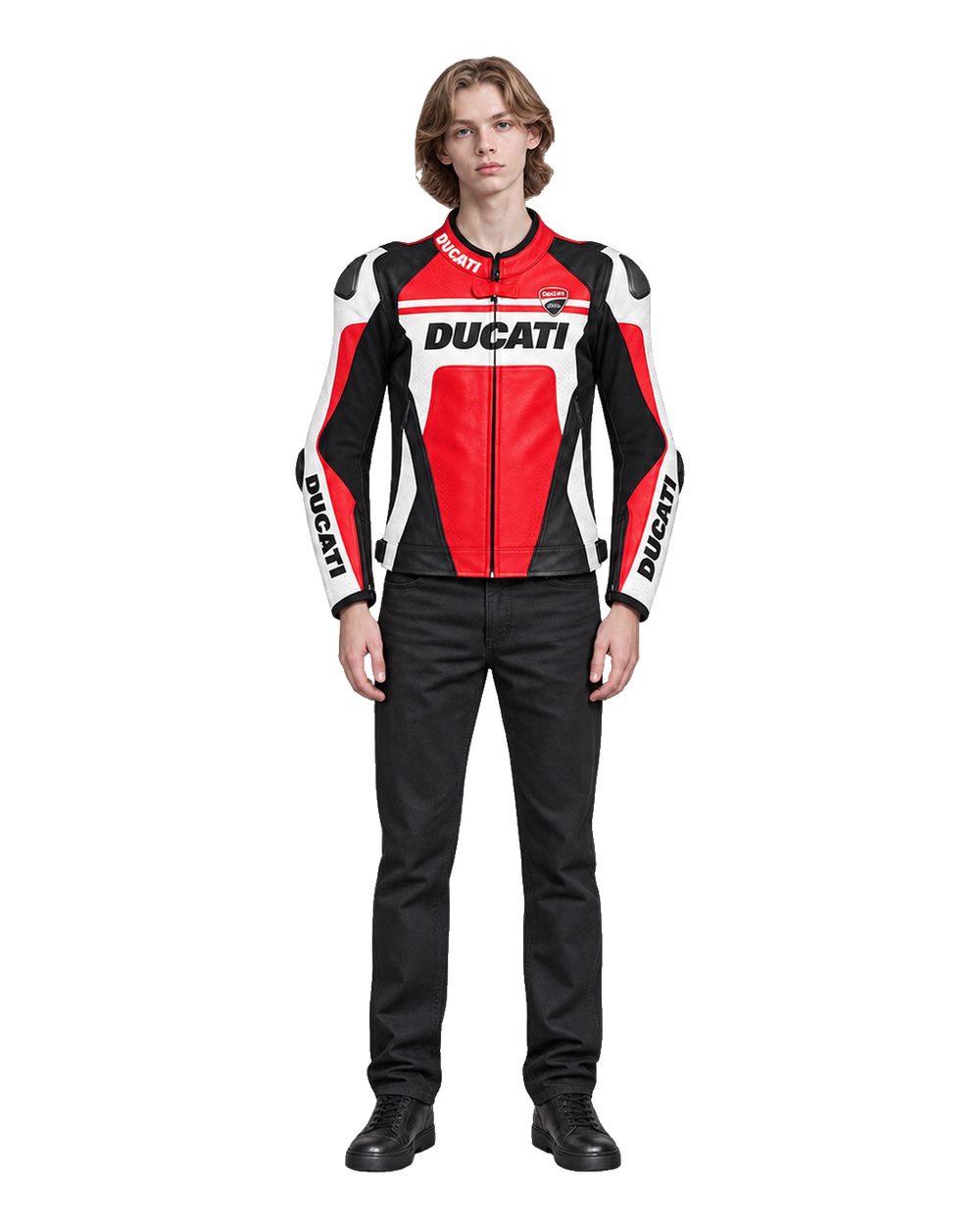 Customized Motorcycle Leather Jacket - ZMJ-050 front view on male model transparent background, centered cutout