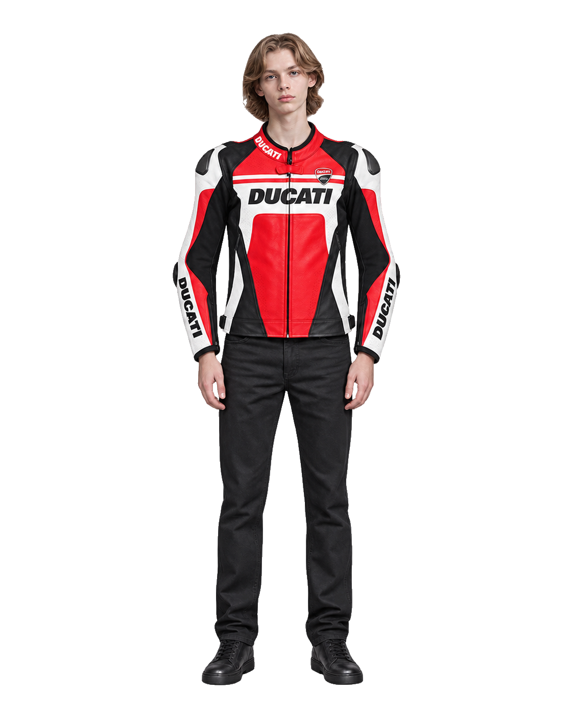 Customized Motorcycle Leather Jacket - ZMJ-050 front view on male model transparent background, centered cutout