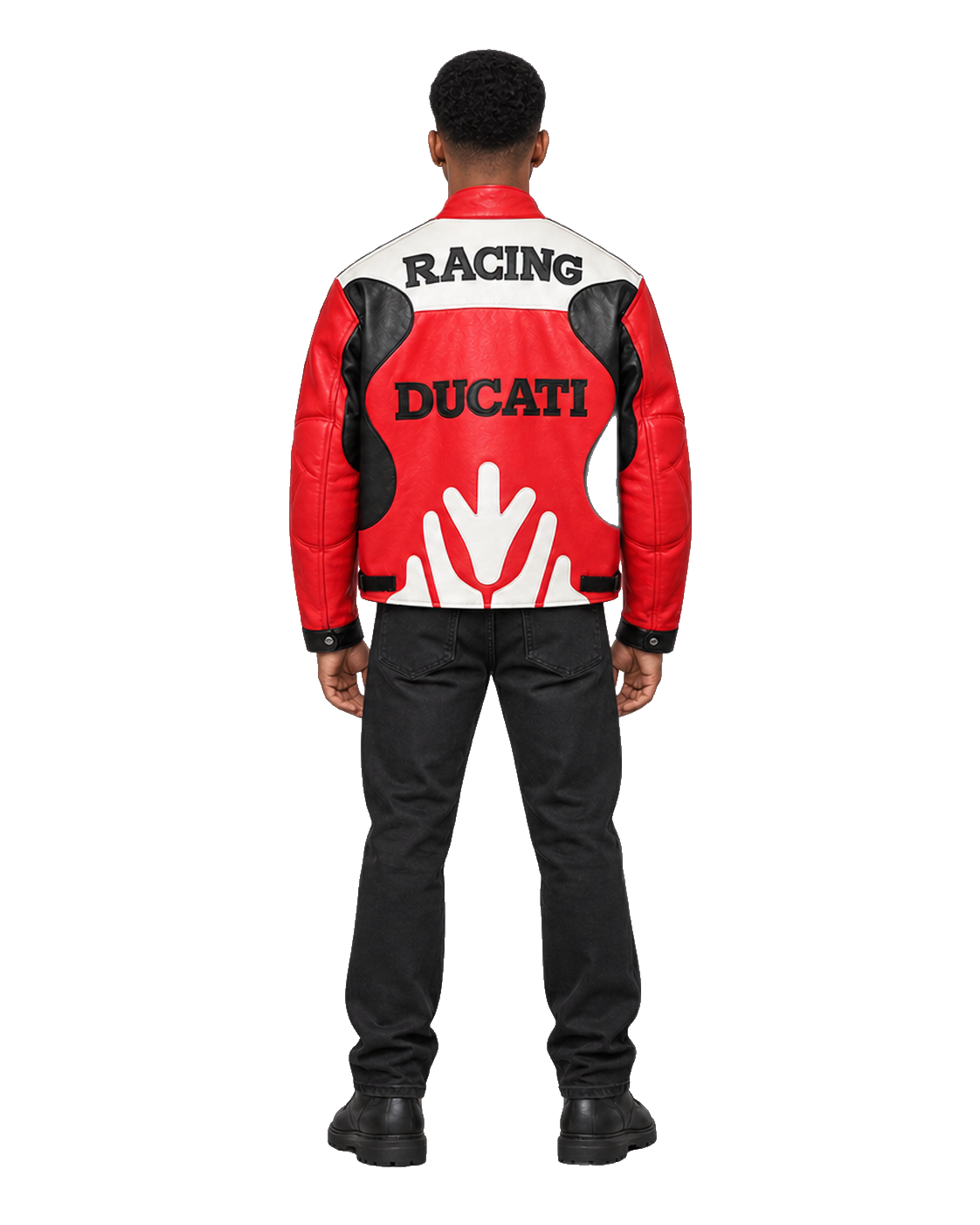 Customized Motorcycle Leather Jacket - ZMJ-051 back view on male model transparent background, centered cutout