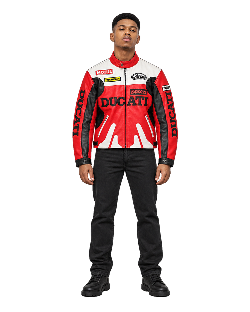 Customized Motorcycle Leather Jacket - ZMJ-051 front view on male model transparent background, centered cutout