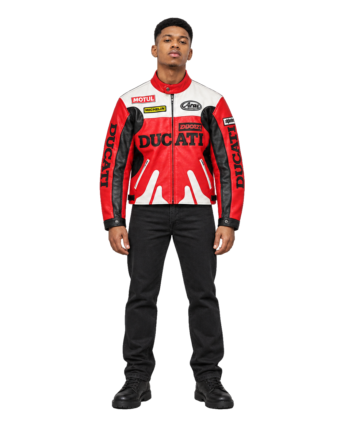 Customized Motorcycle Leather Jacket - ZMJ-051 front view on male model transparent background, centered cutout