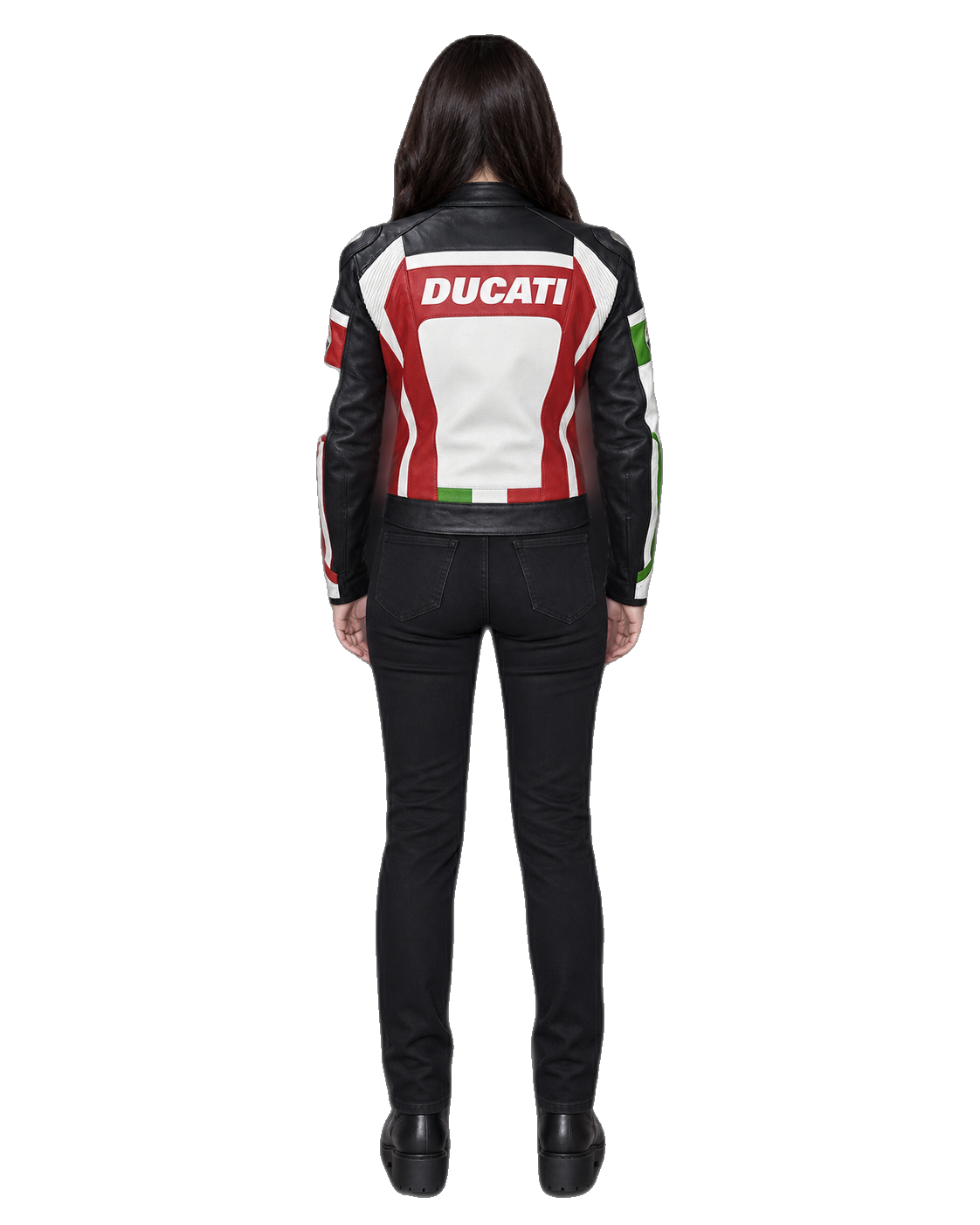 Customized Motorcycle Leather Jacket - ZMJ-052 back view on male model transparent background, centered cutout