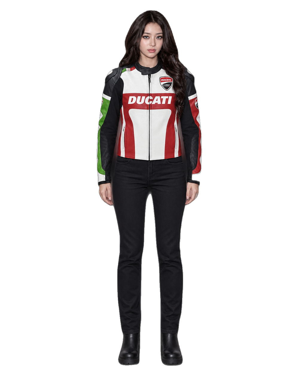 Customized Motorcycle Leather Jacket - ZMJ-052 front view on male model transparent background, centered cutout