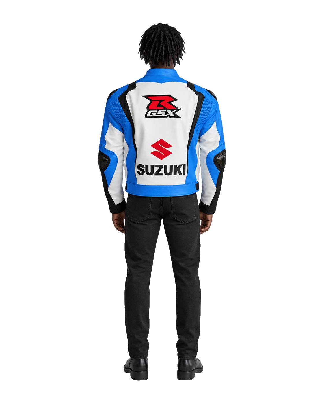 Customized Motorcycle Leather Jacket - ZMJ-053 back view on male model transparent background, centered cutout