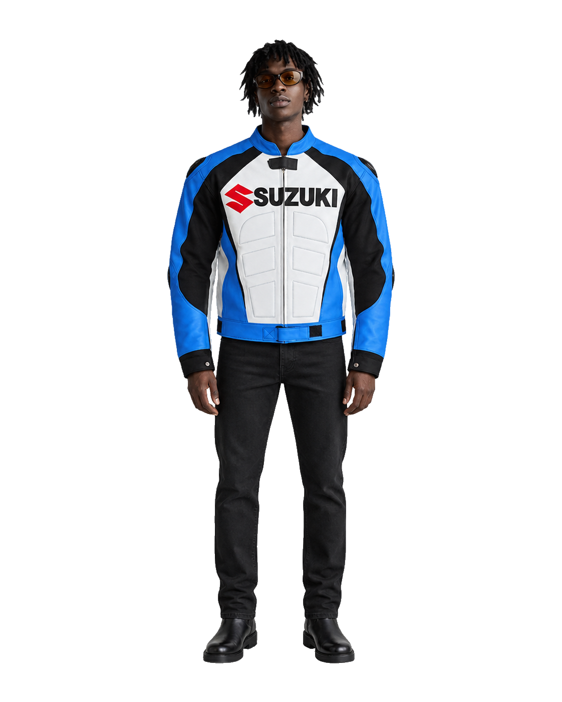 Customized Motorcycle Leather Jacket - ZMJ-053 front view on male model transparent background, centered cutout