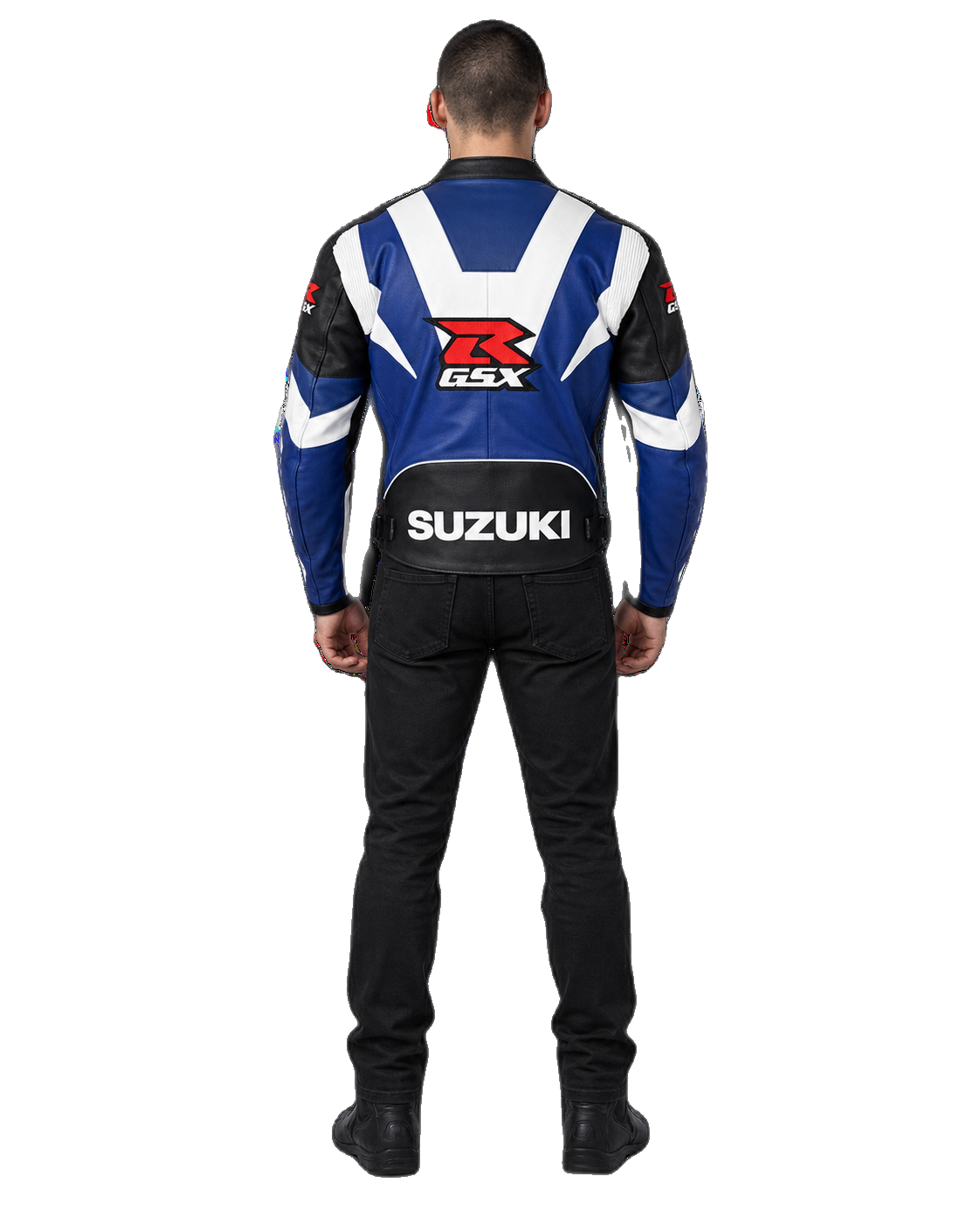 Customized Motorcycle Leather Jacket - ZMJ-054 back view on male model transparent background, centered cutout